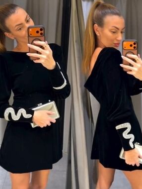 XS NEW Zara Jewel Velvet Mini Dress Black